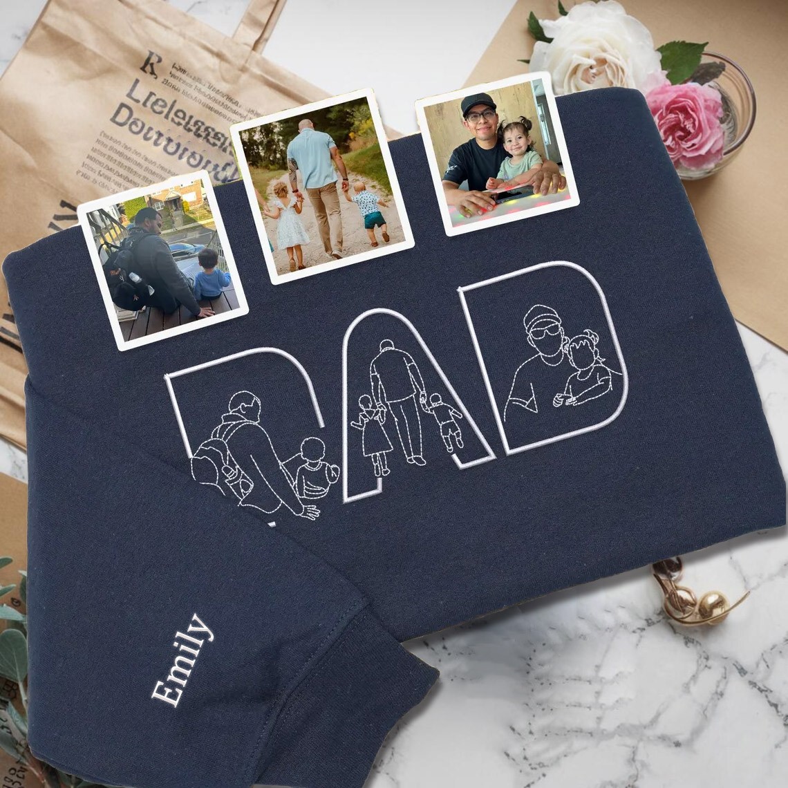 Custom Embroidered Dad Photo Outline Sweatshirt With Kids Name On Sleeve For Father's Day Gift