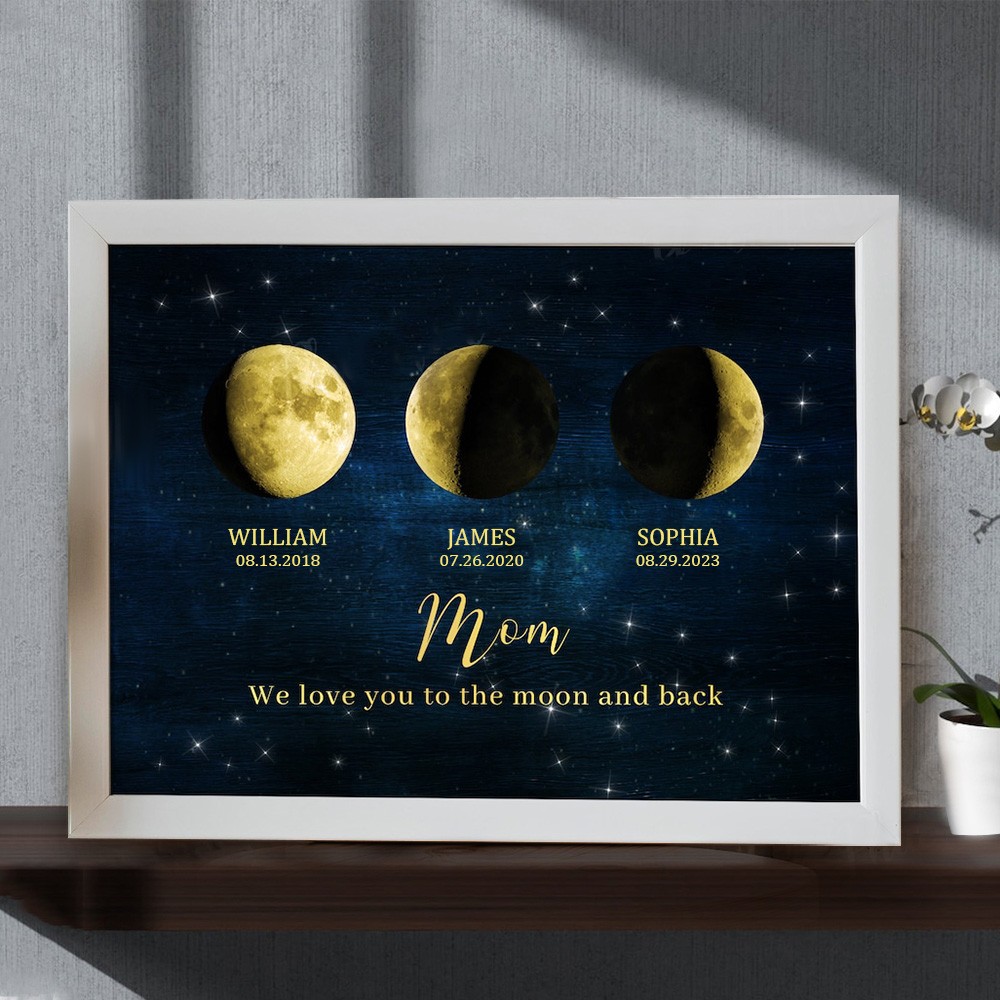 Custom Moon Phase Frame With Kids Names For Mom Grandma Christmas Gift Love You To The Moon and Back