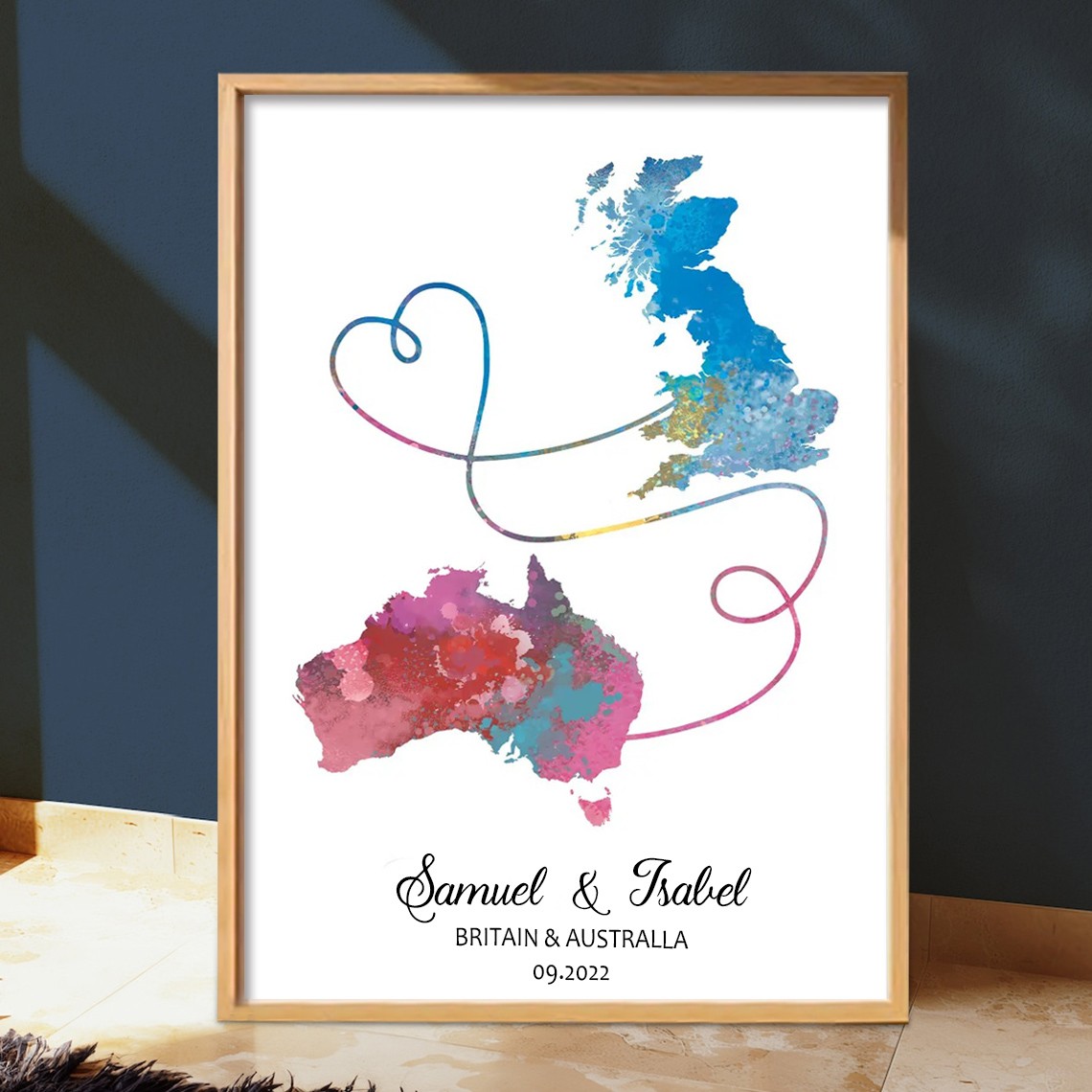 Personalized Two Countries Location Map Wooden Sign Gift For Valentine's Day Wedding Anniversary