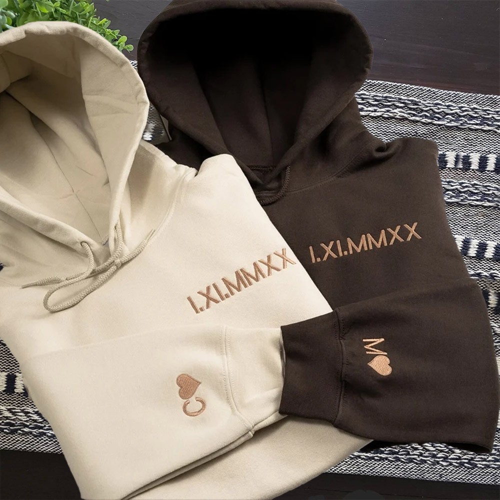 Custom Embroidered Roman Numeral Hoodie With Initial On Sleeve For Couple Anniversary Valentine Gift