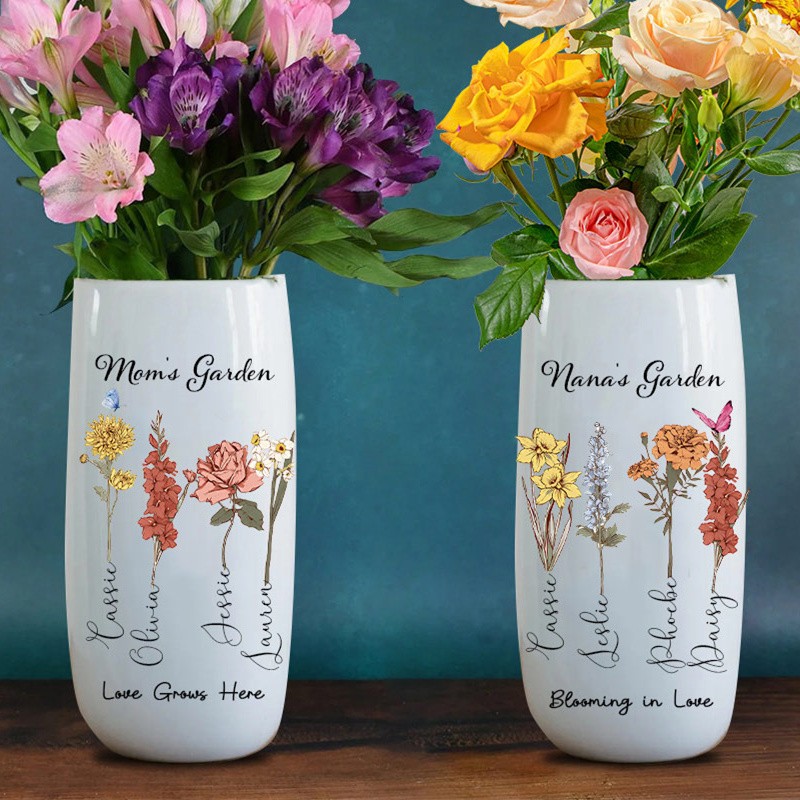 Personalized Mom's Garden Birth Month Flower Vase with Kids Name For Mom Nana Mother's Day Gift