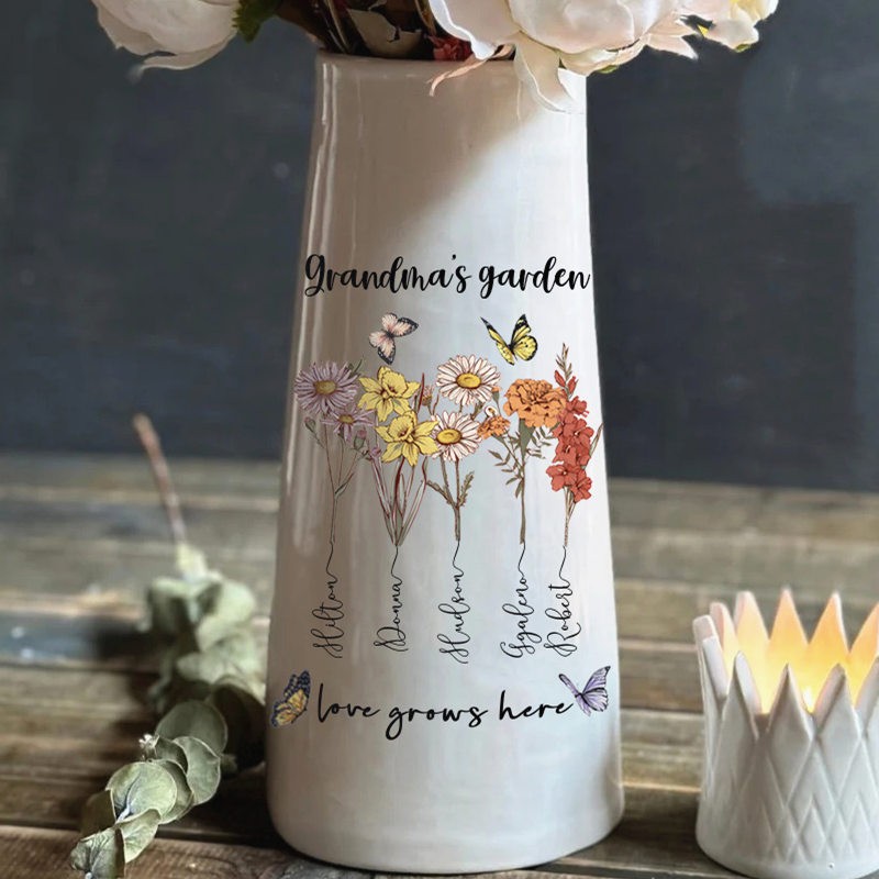 Personalized Grandma's Garden Vase With Grandkids Birth Month Flower and Name For Mom Grandma Mother's Day Gift