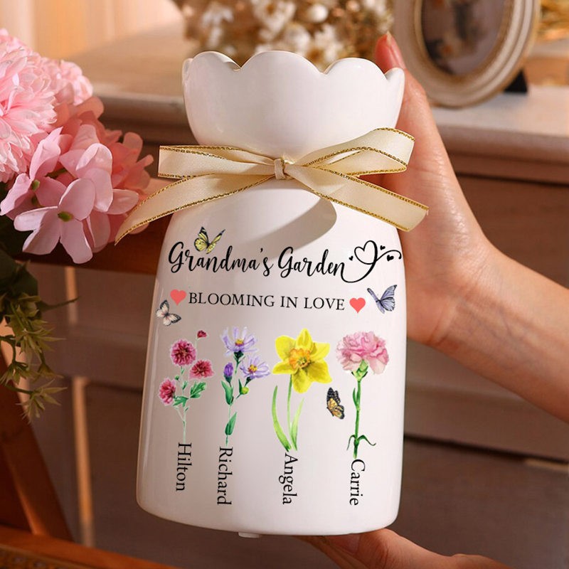 Grandma's Garden Personalized Birth Month Flower Vase with Grandkids Name For Mom Grandma Mother's Day Gift
