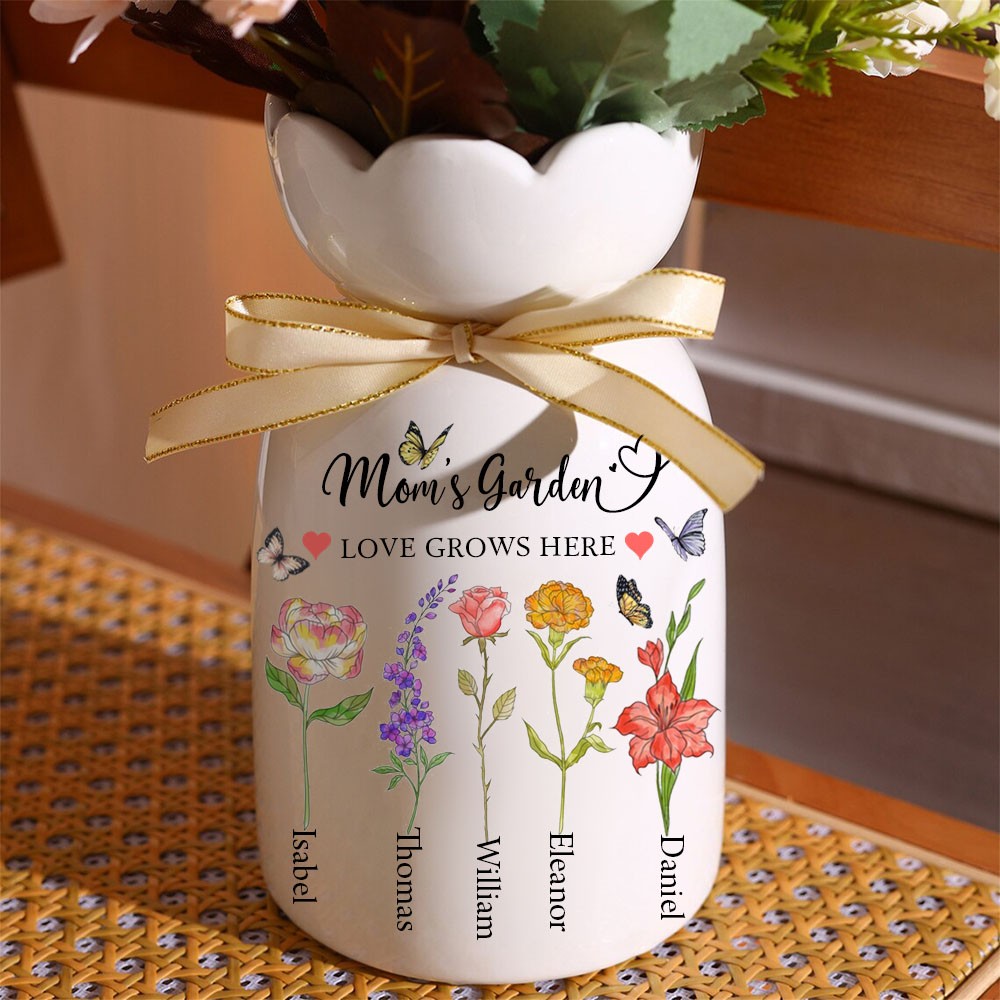 Mom's Garden Custom Birth Month Flower Vase With Kids Name For Mom Grandma Mother's Day Gift