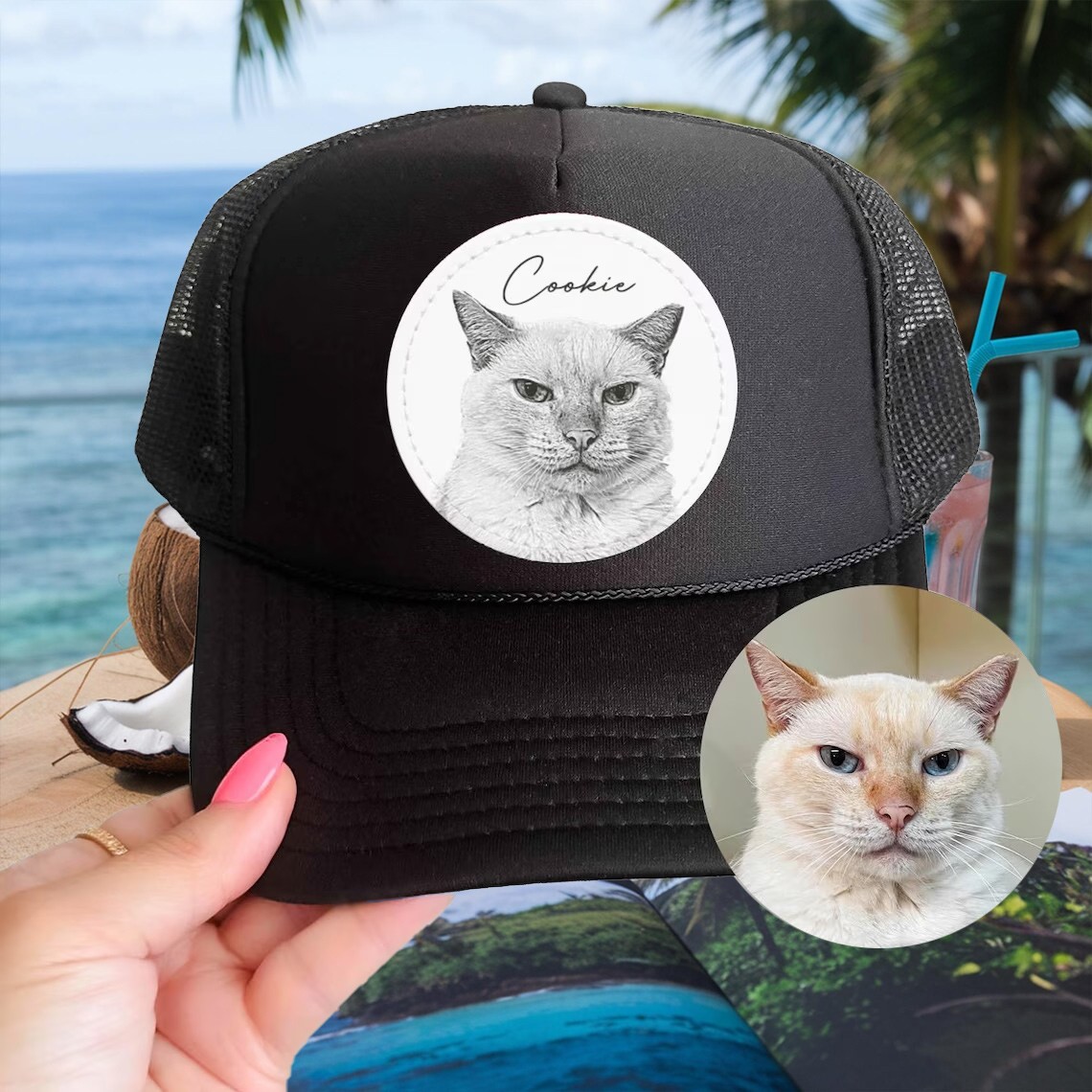 Custom Cat Face Photo Trucker Hat For Pet Lover Memorial Keepsake Gift