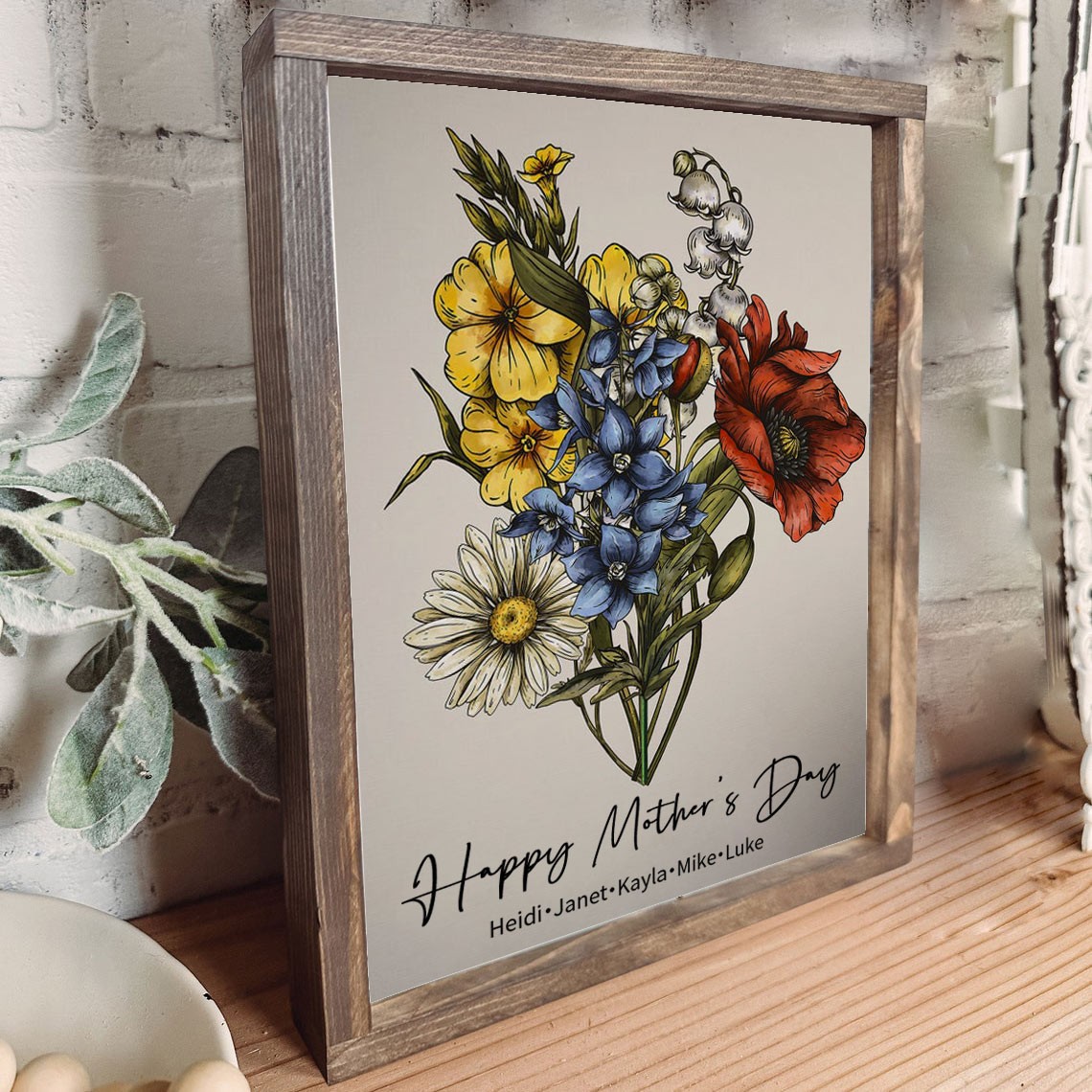 Custom Birth Flower Bouquet Frame with Kids Names For Mom Grandma Mother's Day Gift