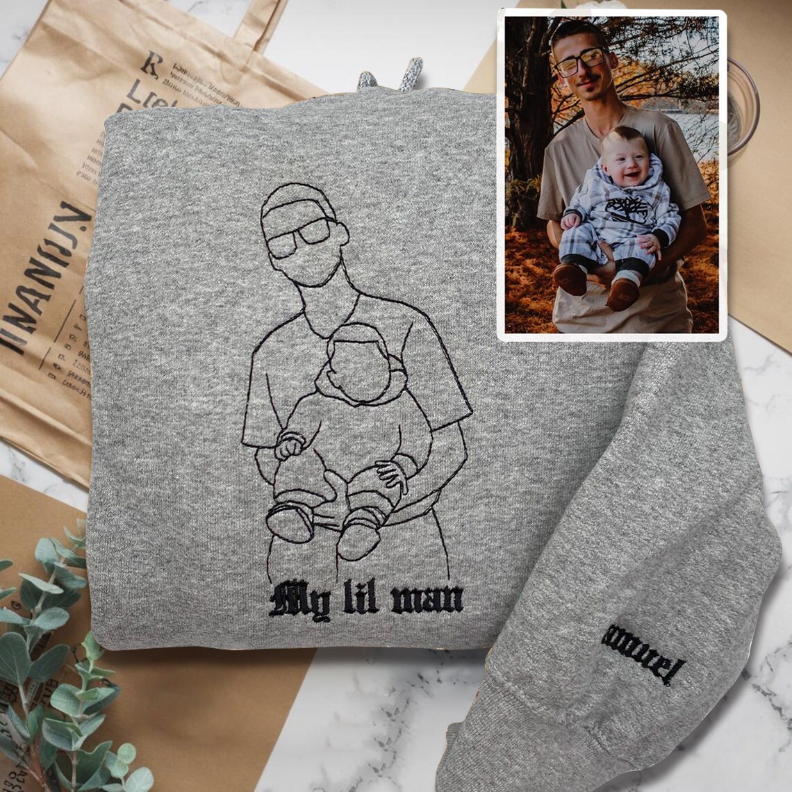 Custom Embroidered Dad Photo Outline Sweatshirt With Kids Name On Sleeve For Father's Day Gift