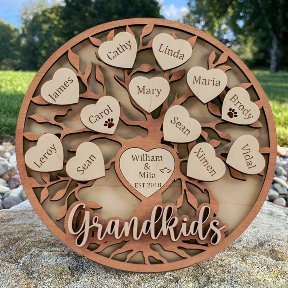 Custom Family Tree Wood Sign With Grandchildren Name Home Wall Art Decor For Christmas Family Gift