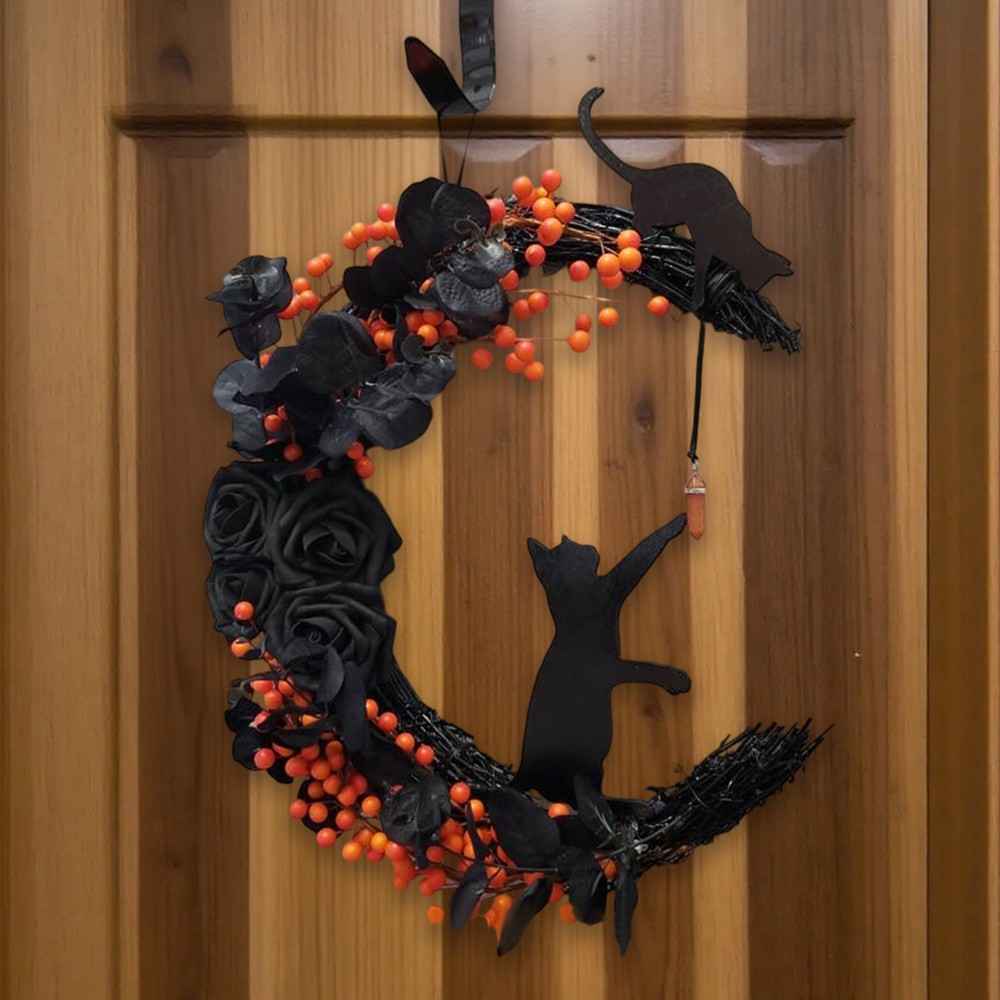 Black Cat Moon Wreath With Light