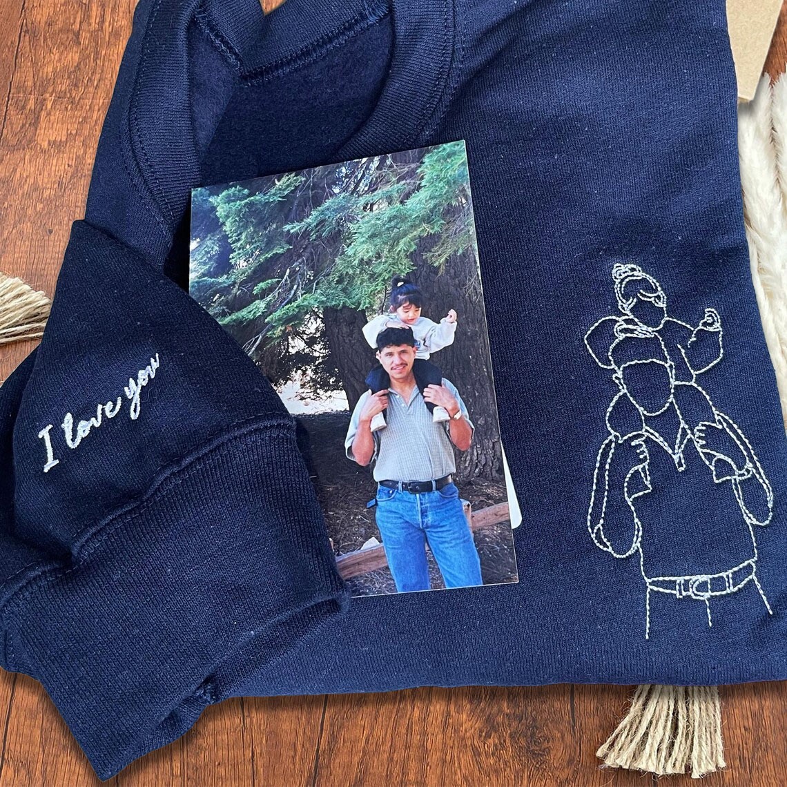 Custom Embroidered Dad Photo Outline Sweatshirt With Kids Name On Sleeve For Father's Day Gift