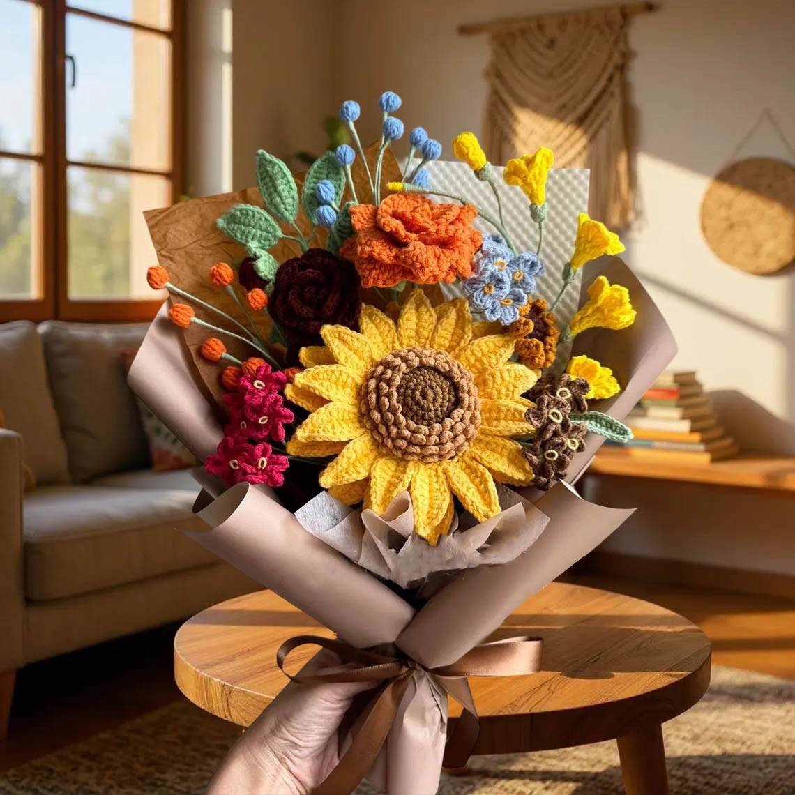 Handmade Crochet Flowers Sunflower Bouquet For Mom or Grandma Mother's Day or Christmas Gift