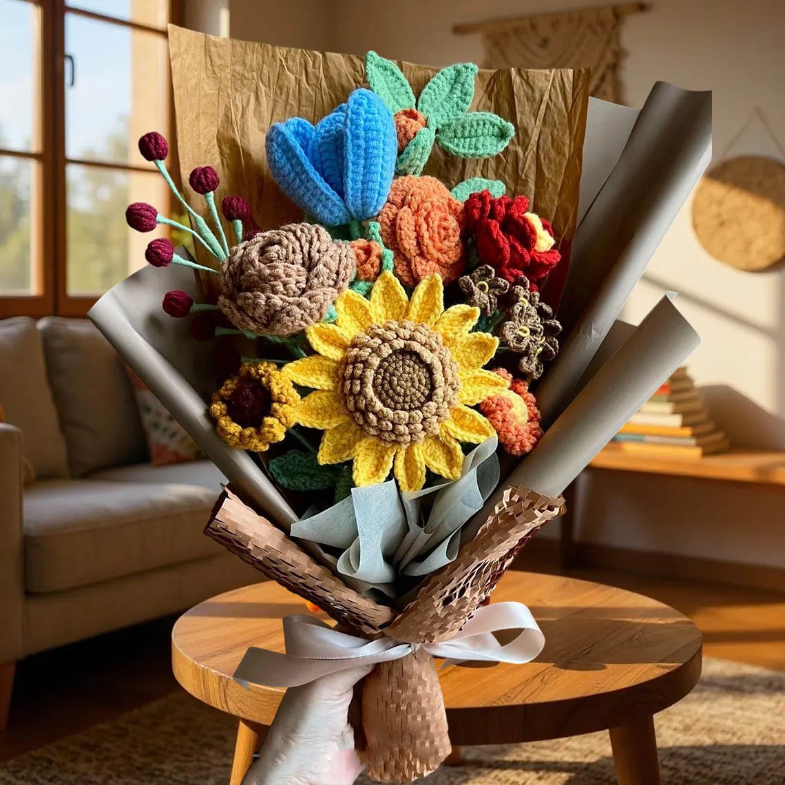 Handmade Crochet Flowers Sunflower Bouquet For Mom or Grandma Mother's Day or Christmas Gift