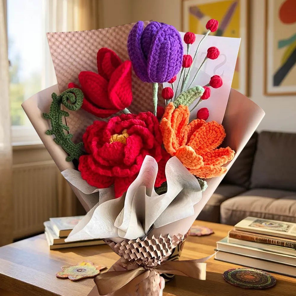 Handmade Crochet Flowers Bouquet For Mom or Grandma Mother's Day or Christmas Gift