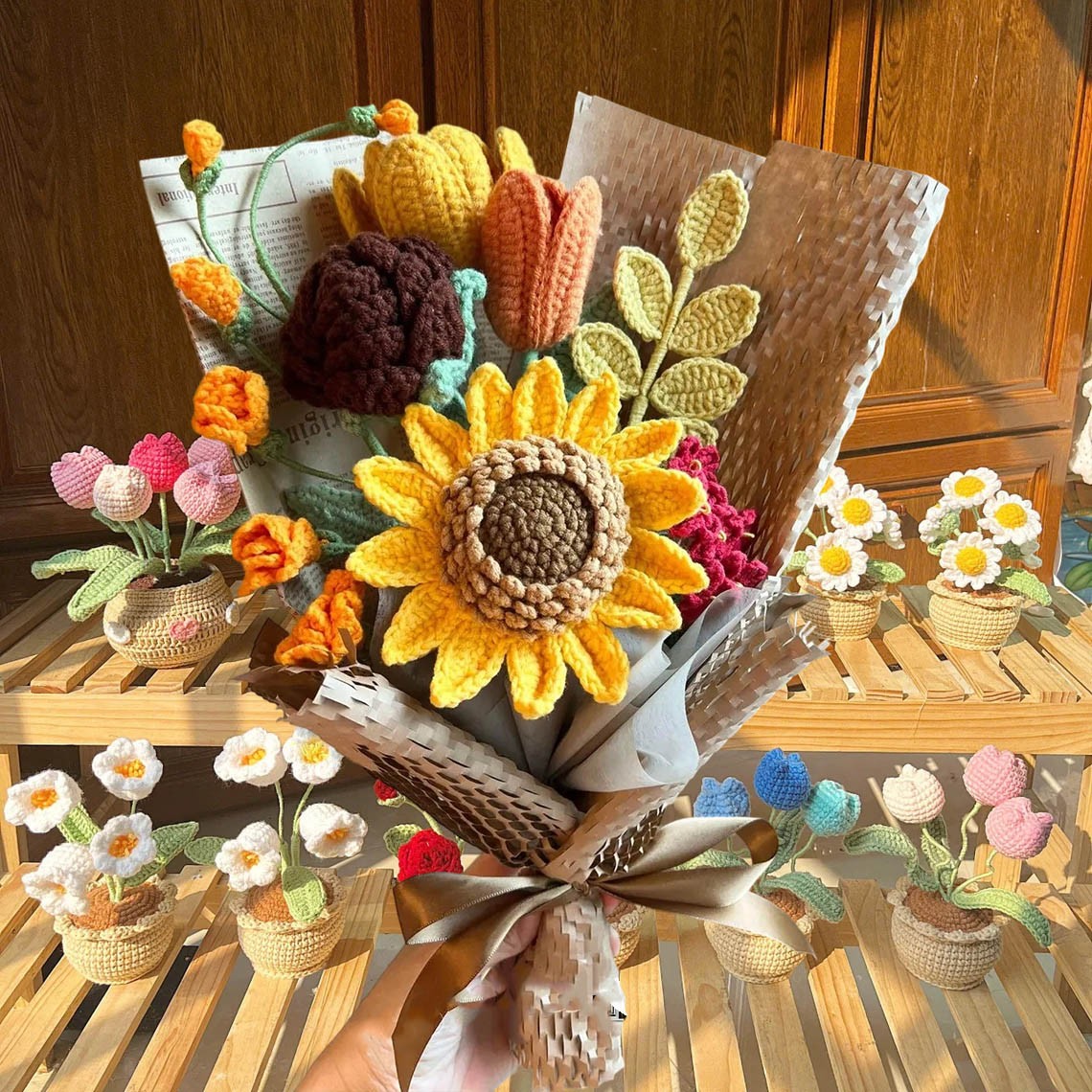 Handmade Crochet Flowers Sunflower Bouquet For Mom or Grandma Mother's Day or Christmas Gift