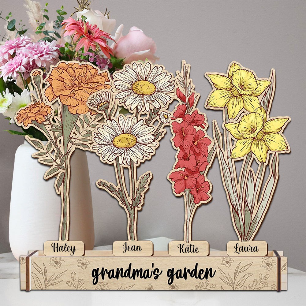 Custom Wood Birth Flower Grandma's Garden Home Decor For Family Christmas Gift