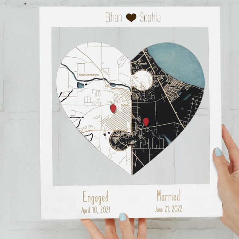 Personalized Two Locations Heart Puzzle Map Wooden Framed Wall Art Anniversary Valentine's Day Gift for Couple