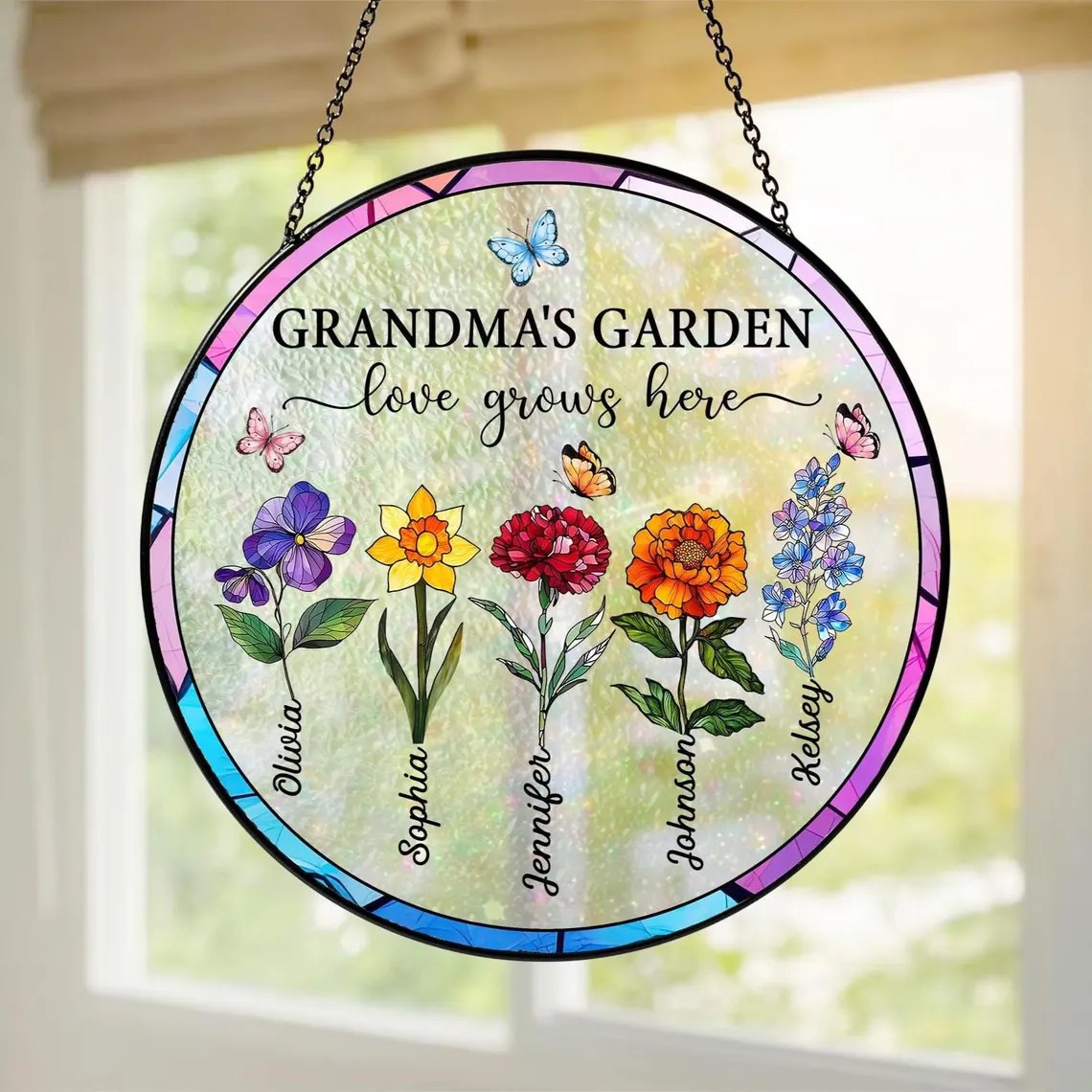 Personalized Grandma's Garden Birth Flower Suncatcher With Grandchildren Name Window Hangings For Mom Grandma Gift