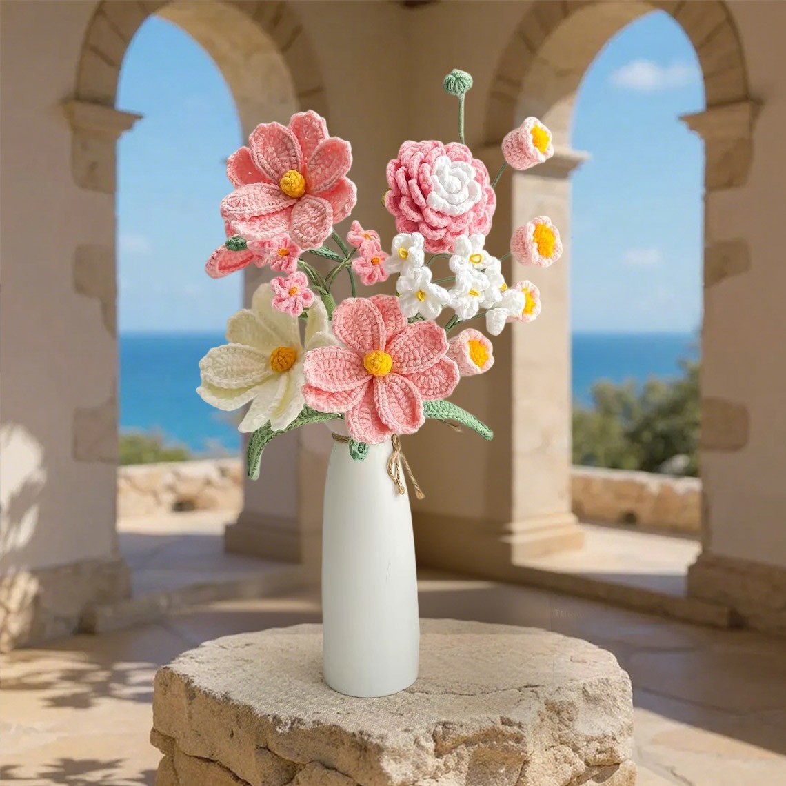 Handmade Crochet Flowers Pink Tulip Bouquet For Mom or Grandma Mother's Day or Christmas Gift