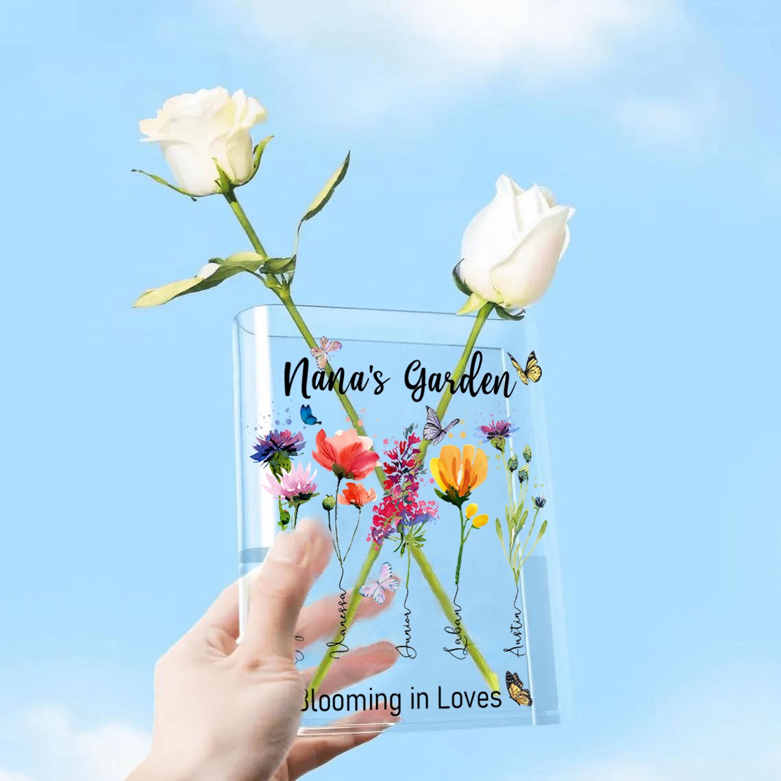 Personalized Nana's Garden Birth Month Flower Acrylic Book Vase With Kids Name For Mom Grandma Christmas Gift