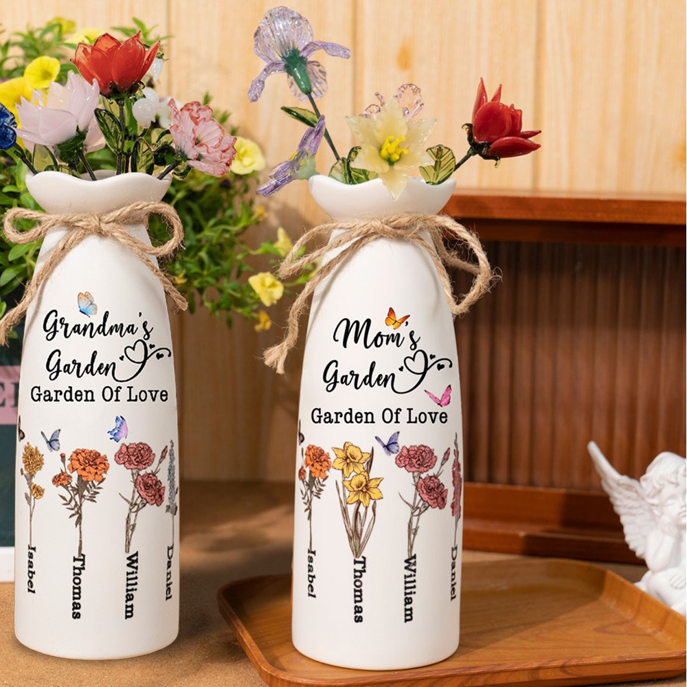 Personalized Birth Month Flower Vase with Kids Names For Mom Grandma Mother's Day Gift