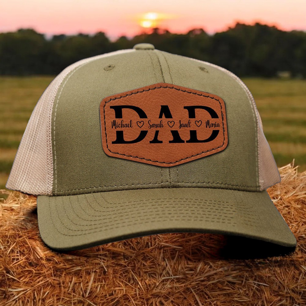 Custom Dad Leather Patch Hat With Kids Name For Men Dad Father's Day Gift
