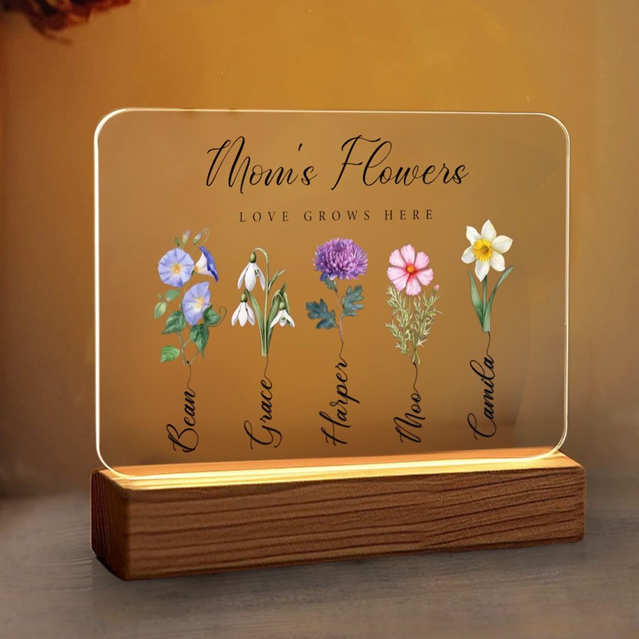 Personalized Mom's Garden Birth Month Flower LED Night Light with Kids Name For Mom Grandma Birthday Mother's Day Gift