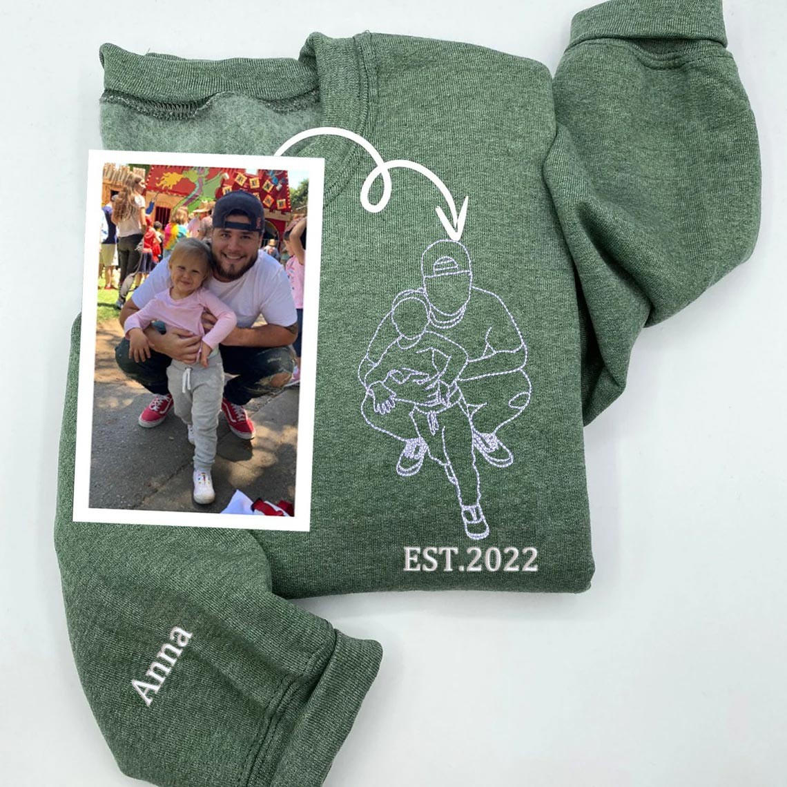 Custom Embroidered Dad Photo Outline Sweatshirt With Kids Name On Sleeve For Father's Day Gift
