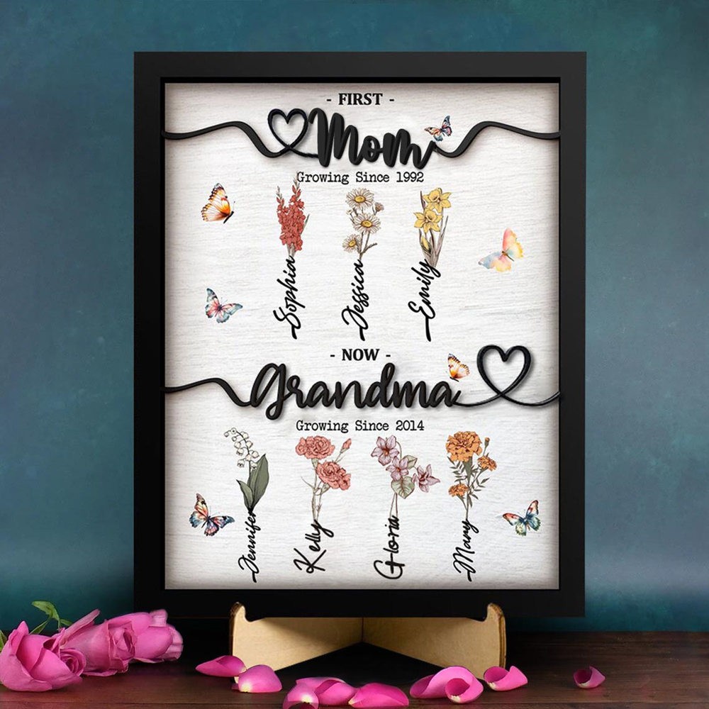 First Mom Now Grandma Wooden Sign Personalized Birth Month Flowers Gift From Kids For Mom Grandma Birthday Mother's Day