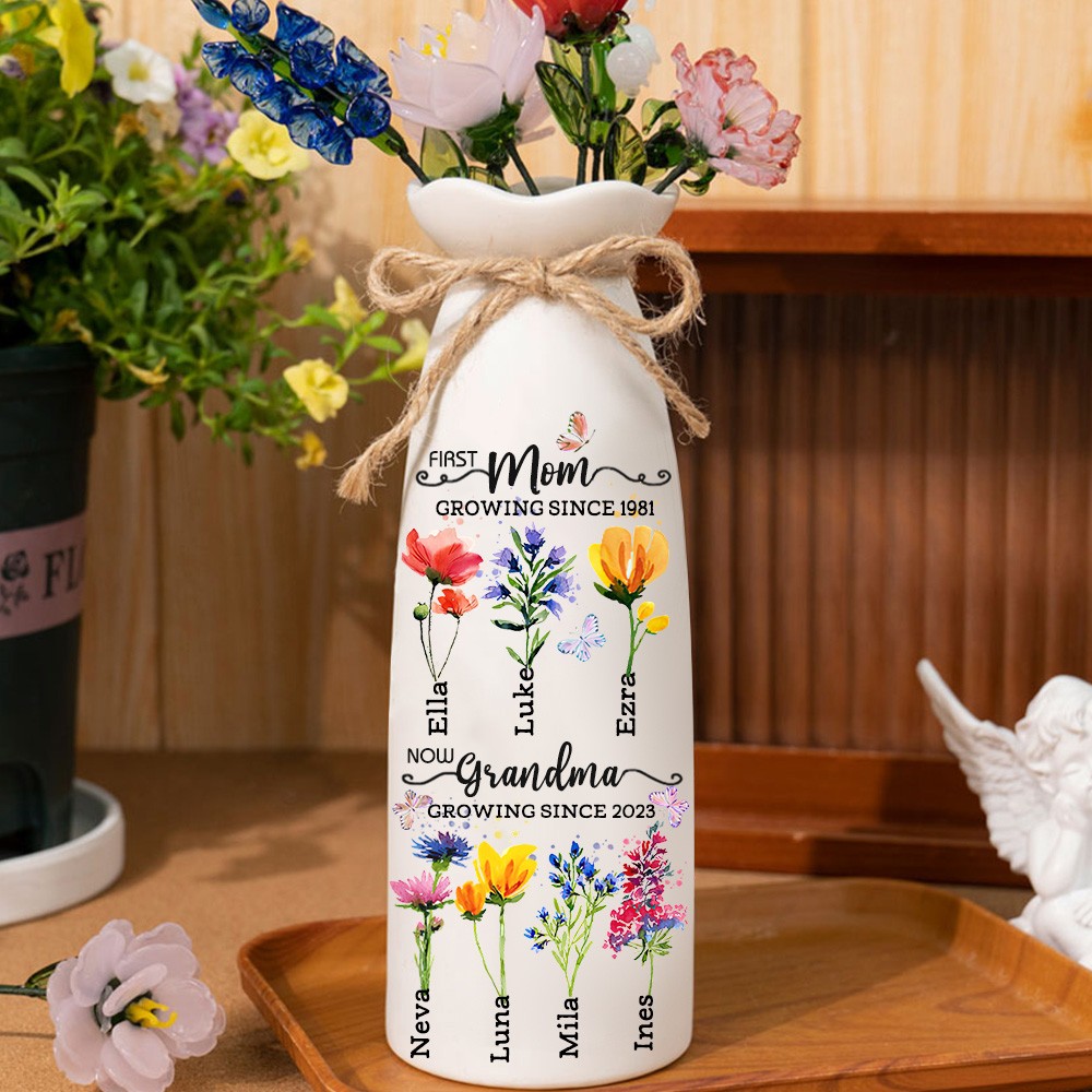 First Mom Now Grandma Custom Birth Month Flower Vase With Kids Name For Mom Grandma Gift