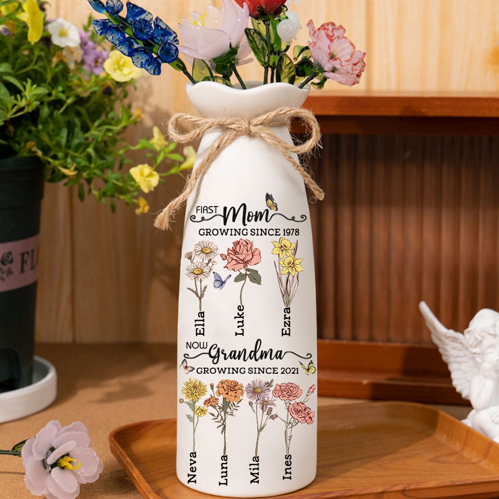 Personalized First Mom Now Grandma Vase With Kids Birth Month Flower and Name For Mom Grandma Gift