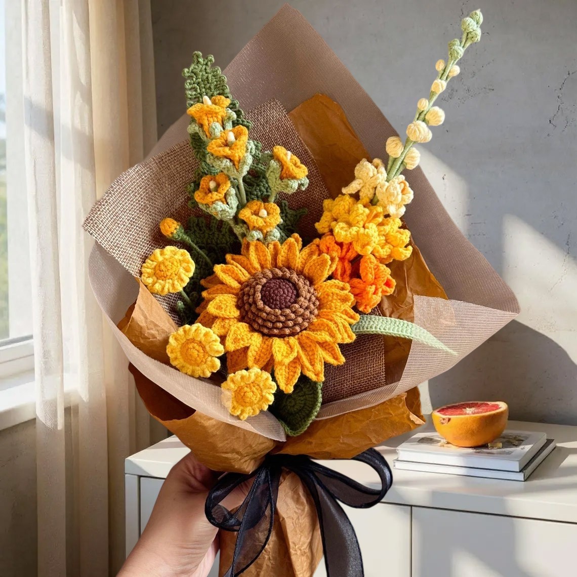 Handmade Crochet Flowers Sunflower Bouquet For Mom or Grandma Mother's Day or Christmas Gift