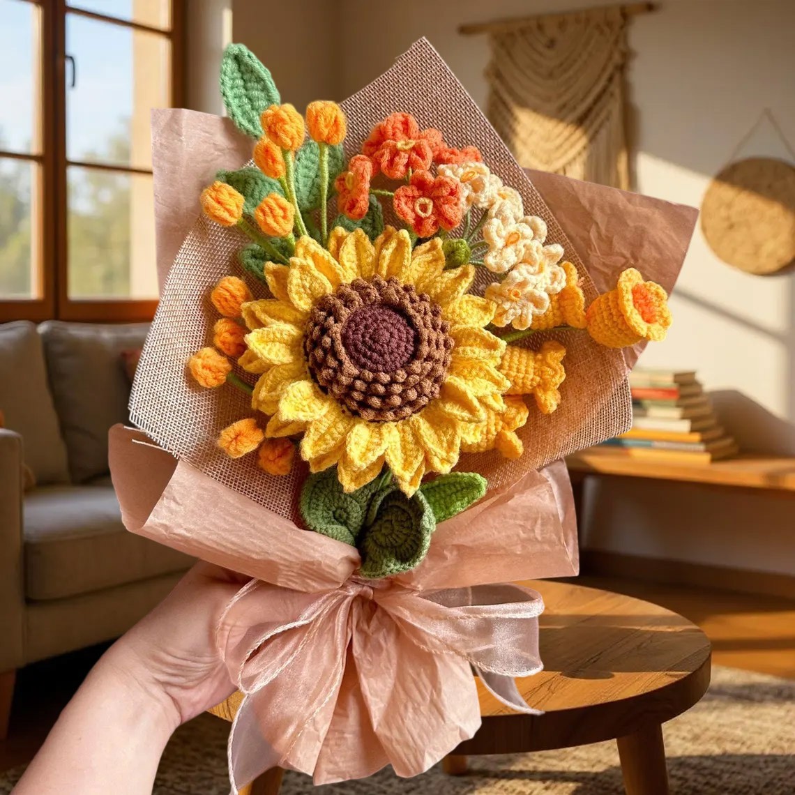 Handmade Crochet Flowers Sunflower Bouquet For Mom or Grandma Mother's Day or Christmas Gift