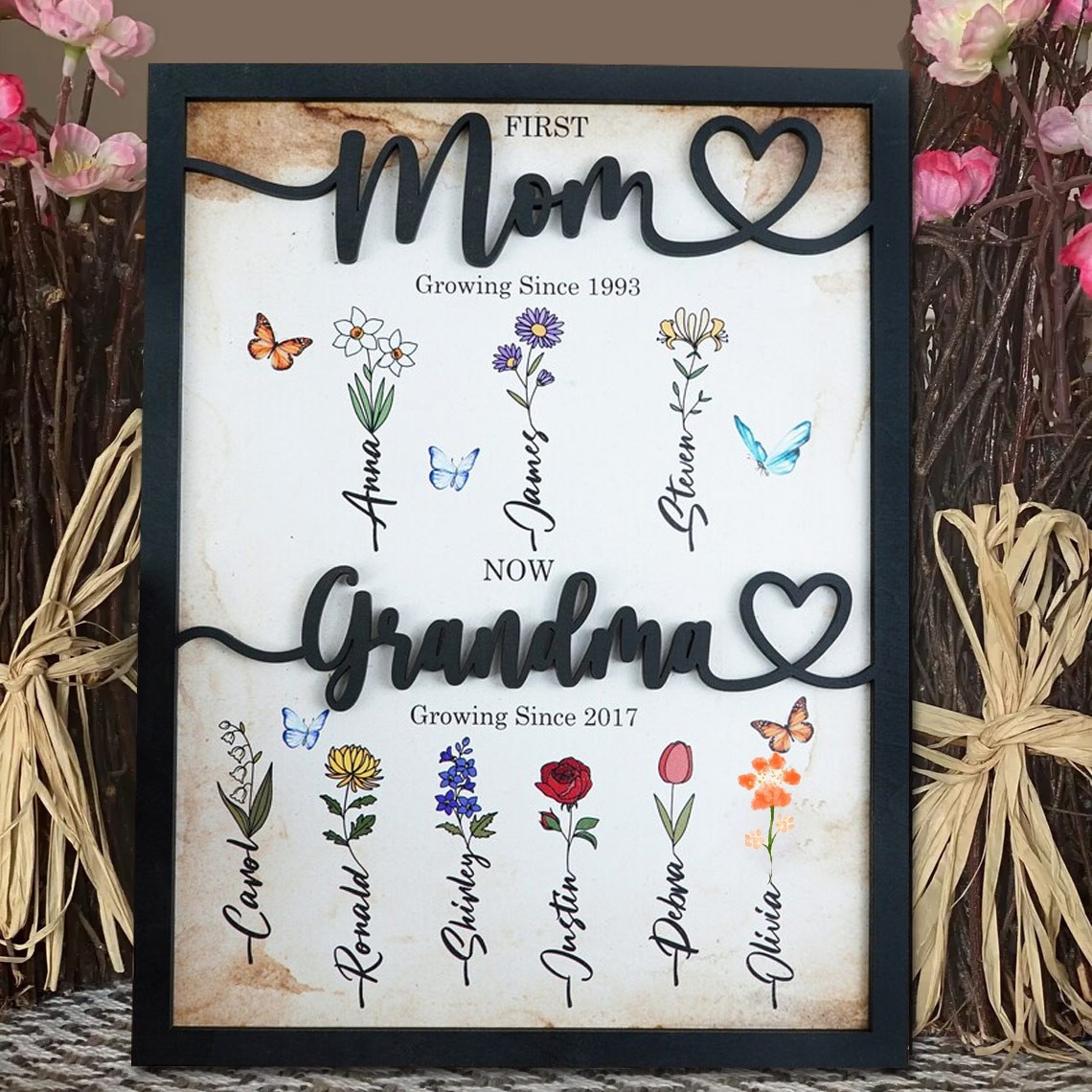 First Mom Now Grandma Personalized Birth Month Flower Wooden Sign With Kids Name For Mother's Day Gift