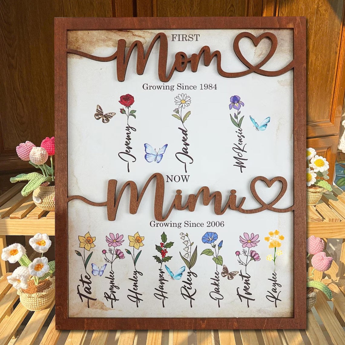 First Mom Now Grandma Personalized Birth Month Flower Wooden Sign With Kids Name For Mother's Day Gift
