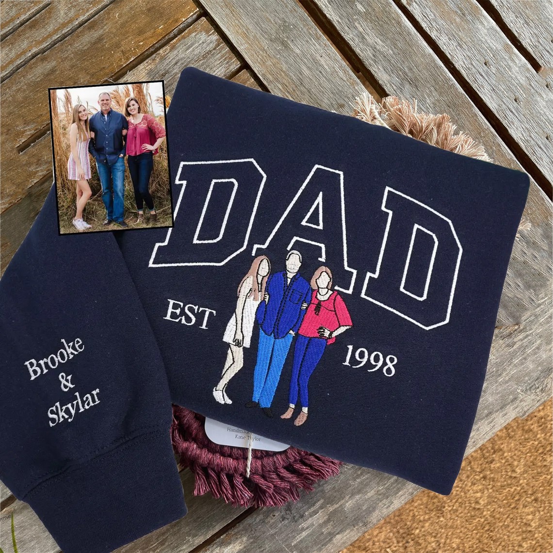 Custom Embroidered Dad Sweatshirt With Photo and Kids Name On Sleeve For Father's Day Gift
