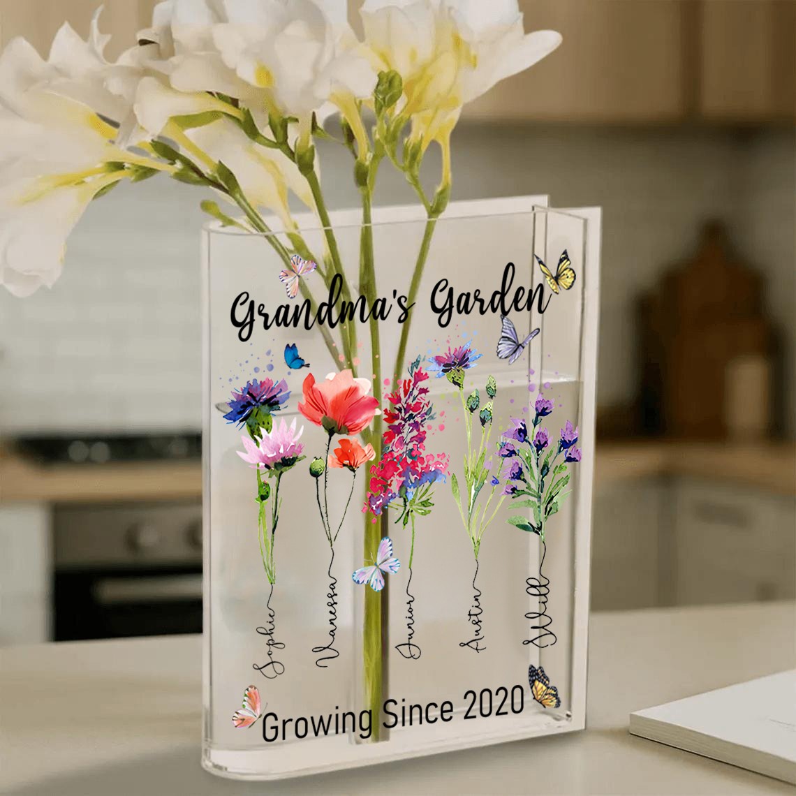 Personalized Grandma's Garden Birth Month Flower Acrylic Book Vase With Grandchildren Name For Mom Grandma Christmas Gift