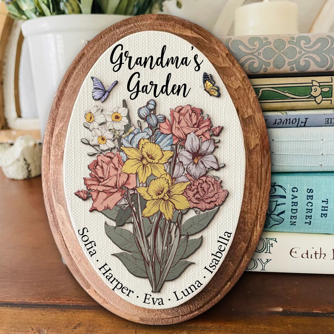 Personalized Grandma's Garden Birth Flower Bouquet Art Oval Wood Sign For Family Mom Grandma Mother's Day Gift