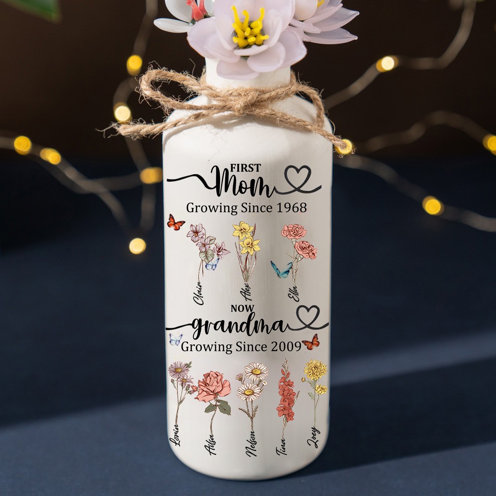 Personalized First Mom Now Grandma Vase With Kids Birth Month Flower and Name For Mom Grandma Gift