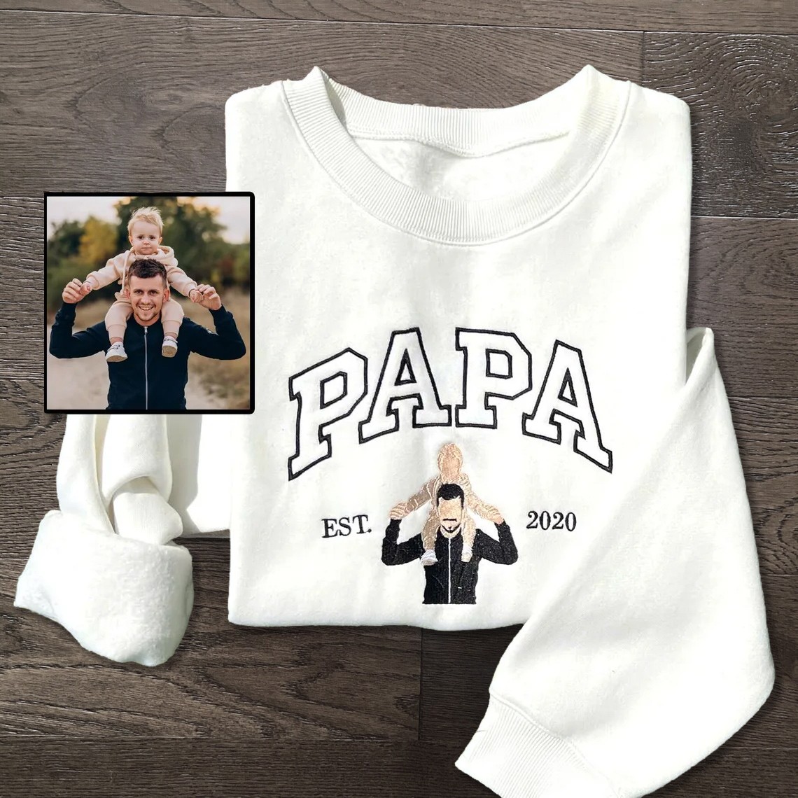 Custom Embroidered Dad Sweatshirt With Photo and Kids Name On Sleeve For Dad Papa Father's Day Gift