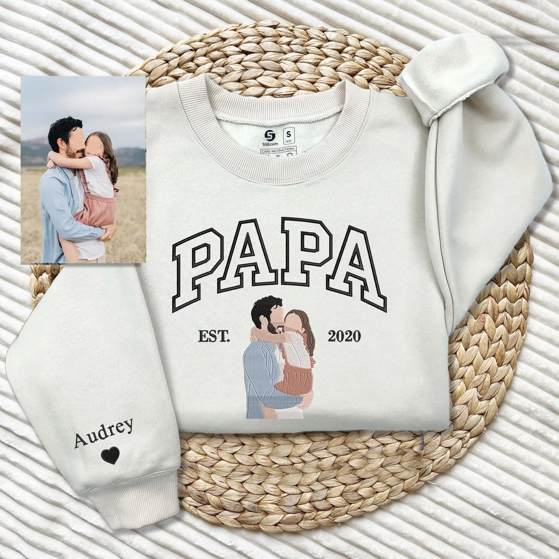 Custom Embroidered Dad Sweatshirt With Photo and Kids Name On Sleeve For Dad Papa Father's Day Gift