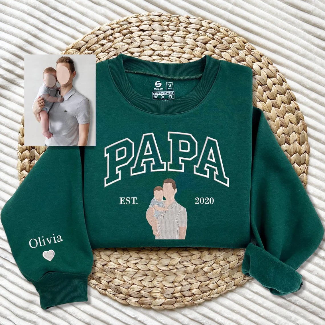 Custom Embroidered Dad Sweatshirt With Photo and Kids Name On Sleeve For Dad Papa Father's Day Gift