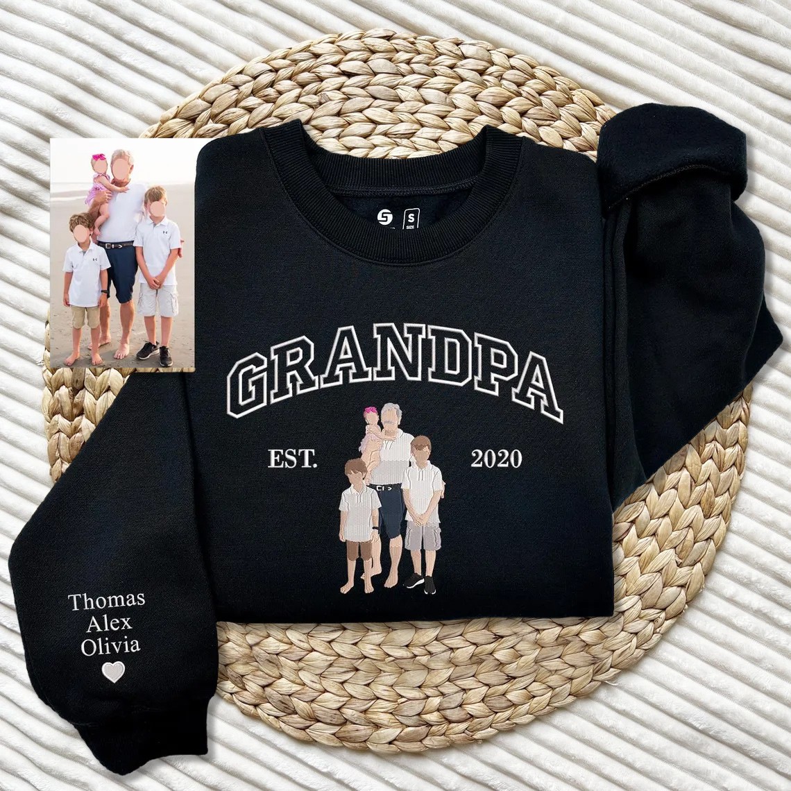 Custom Embroidered Dad Sweatshirt With Photo and Kids Name On Sleeve For Dad Grandpa Father's Day Gift