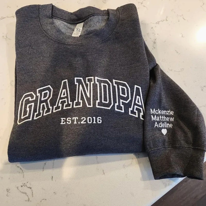 Custom Embroidered Dad Sweatshirt With Kids Name On Sleeve For Dad Grandpa Father's Day Gift
