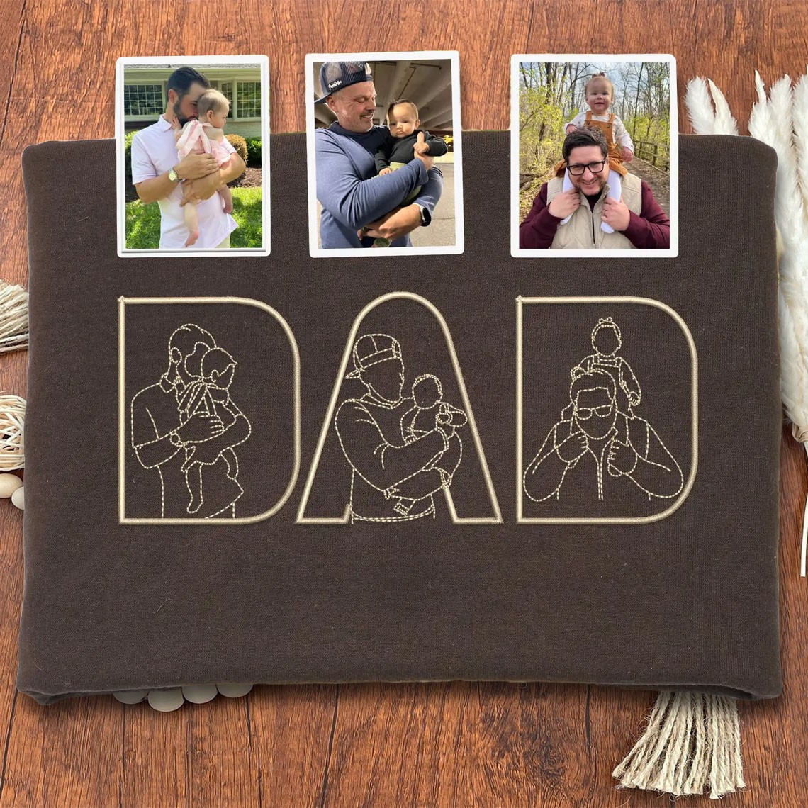 Custom Embroidered Dad Photo Outline Sweatshirt With Kids Name On Sleeve For Father's Day Gift