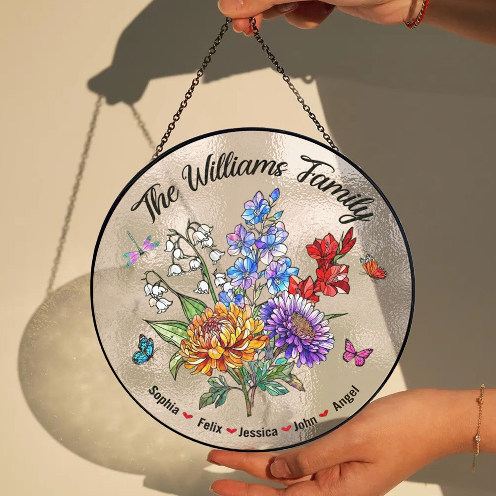 Custom Family Birth Flowers Glass Suncatcher With Kids Name For Mom Grandma Christmas Gift