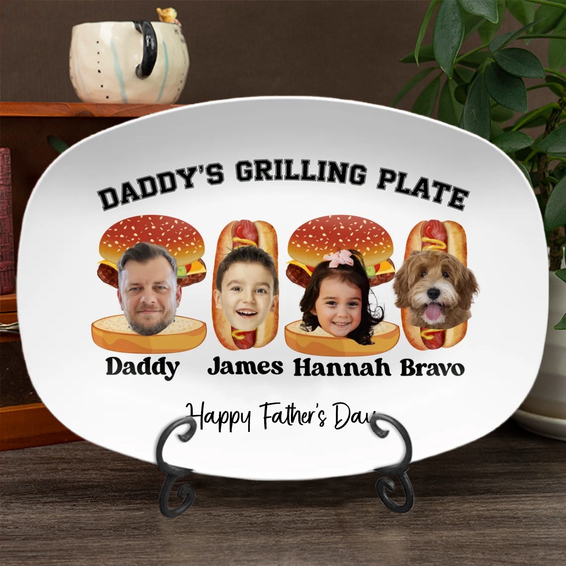 Personalized Daddy's Grilling BBQ Plate With Kids Photo and Names Father's Day Funny Gift