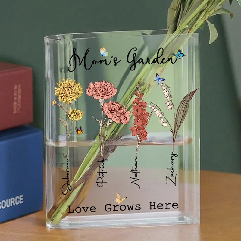 Personalized Mom's Garden Birth Month Flower Book Vase With Kids Name For Mom Grandma Mothers Day Gift