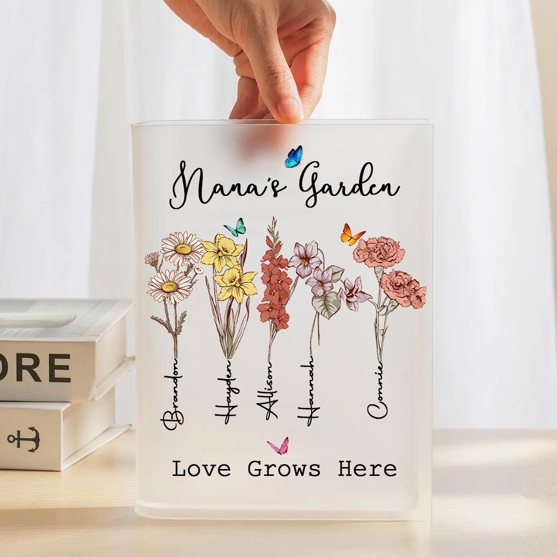 Personalized Nana's Garden Birth Month Flower Book Vase With Grandkids Name For Mom Grandma Christmas Gift
