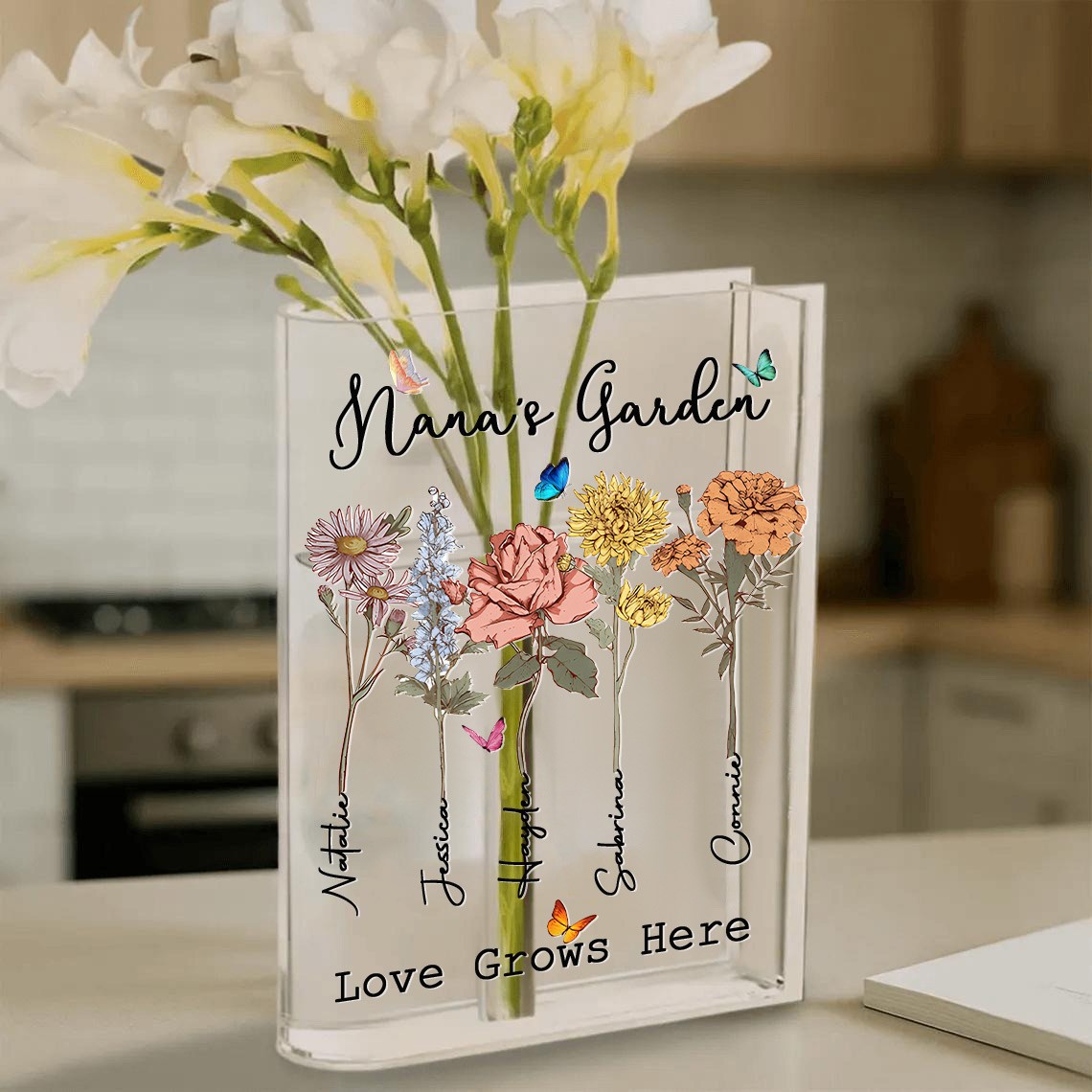 Personalized Nana's Garden Birth Month Flower Book Vase With Grandkids Name For Mom Grandma Gift