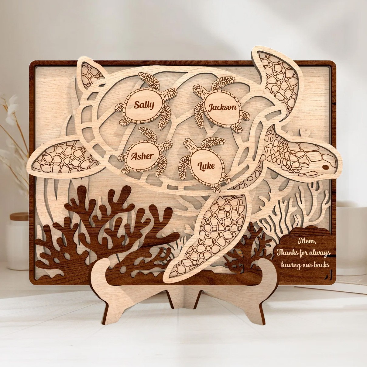 Thanks For Having Our Backs Personalized Sea Turtle Wood Sign With Kids Name for Mom or Grandma Gift